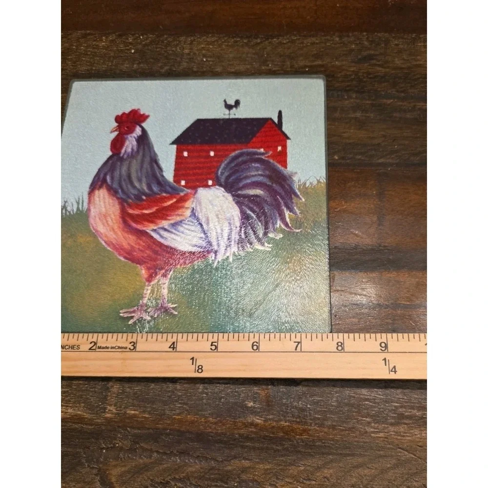Vintage Farmhouse Rooster Glass Cutting Board Trivet Red Barn Country Kitchen